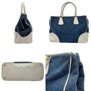 Prada blue handbag leather denim off gold white